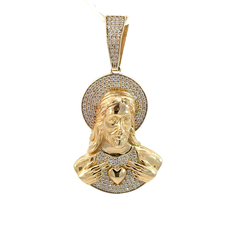 Jesus-Anhänger „Heiligstes Herz Jesu“ - 14kt Gelbgold (585 Gold) - mit Steinen besetzt